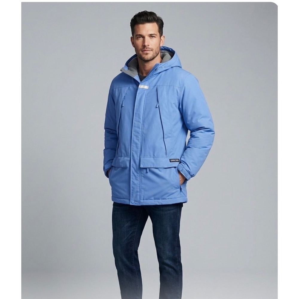 Lands End Squall Parka Mens Large Blue Polartec Fleece Lined Hooded Jacket
